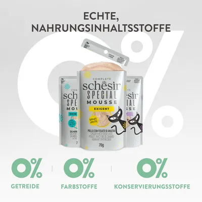Schesir Special Mousse Exigent, Huhn mit Entenleber, 70g. Ohne Getreide, Farbstoffe und Konservierungsstoffe. Unterstützt den Appetit.