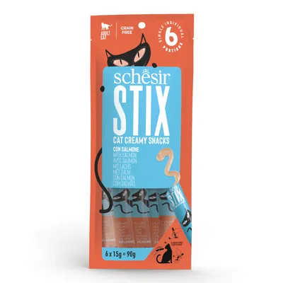 Schesir Stix Cat Creamy Snacks con salmón, sin cereales, para gatos adultos. Paquete con 6 porciones individuales de 15g, peso total 90g.