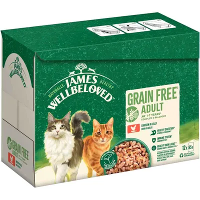 Boîte James Wellbeloved Grain Free Adult pour chats adultes 1–7 ans, poulet en gelée, 12 x 85 g. Texte visible : digestion saine, système immunitaire, peau et pelage sains.