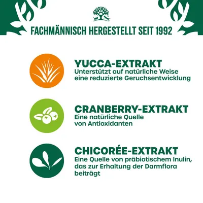 Fachmännisch hergestellt seit 1992. Yucca-Extrakt: Unterstützt reduzierte Geruchsentwicklung. Cranberry-Extrakt: Natürliche Quelle von Antioxidanten. Chicorée-Extrakt: Fördert Darmflora.