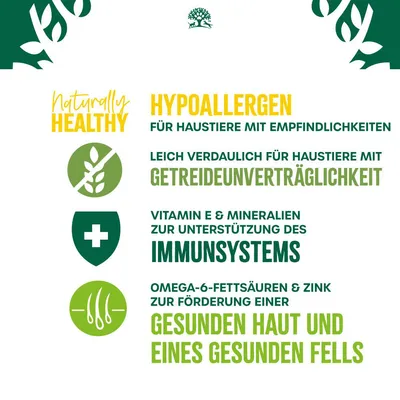 Hypoallergen, leicht verdaulich für Haustiere mit Getreideunverträglichkeit. Vitamin E & Mineralien unterstützen Immunsystem. Omega-6-Fettsäuren & Zink fördern gesunde Haut und Fell.