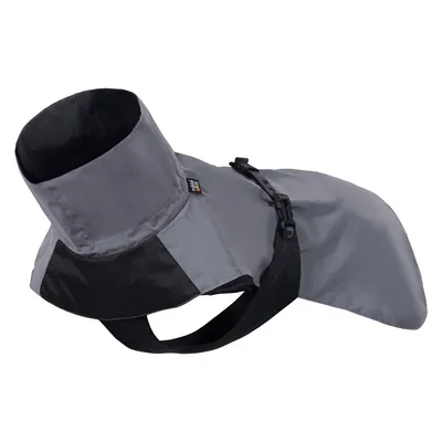 Manteau imperméable gris et noir pour chien avec fermeture à clip, étiquette visible Hurtta, tissu synthétique, col montant et sangle ventrale ajustable.