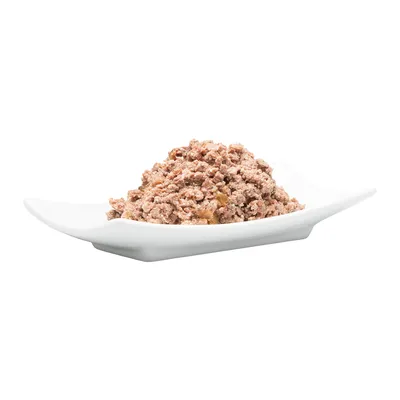 Bližnji posnetek postrežene mokre hrane na beli posodi, prikazuje konsistenco hrane.
