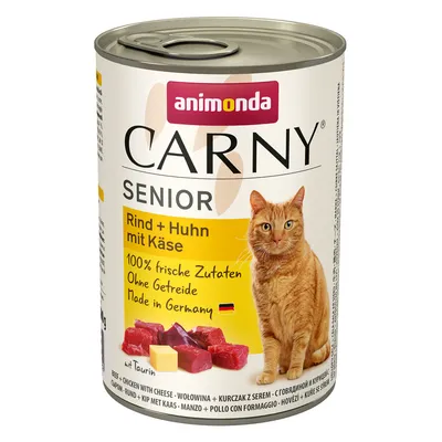 Animonda Carny Senior, hovězí a kuřecí sýr. 100% čerstvé suroviny, bez obilovin, vyrobeno v Německu. S taurinem. Konzerva s obrázkem kočky a kousky masa.