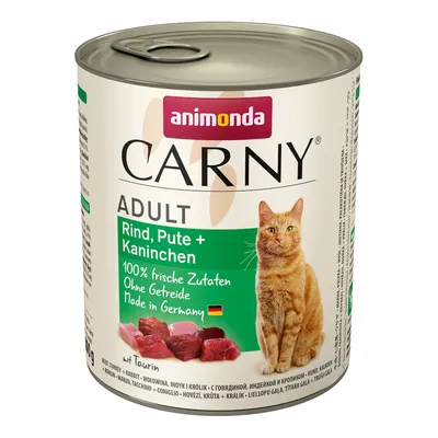 Animonda Carny Adult, βοδινό, γαλοπούλα και κουνέλι. 100% φρέσκα συστατικά, χωρίς δημητριακά, Made in Germany, με ταυρίνη.