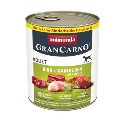 Animonda GranCarno Adult wołowina + królik z ziołami, 100% świeżych składników, bez zbóż, bez glutenu, wyprodukowane w Niemczech, z pysznym bulionem wołowym.