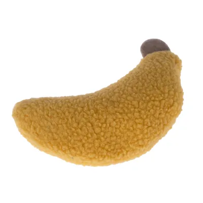 Gelbes Plüschspielzeug in Form einer Banane mit braunem Stiel.