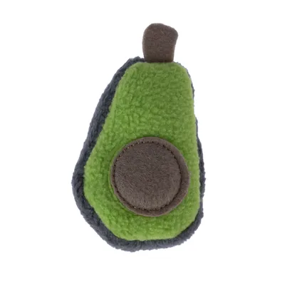 Spielzeug in Form einer Avocado aus grünem und grauem Stoff mit weicher Oberfläche.