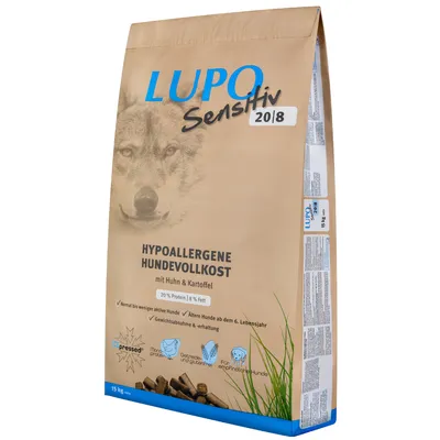 LUPO Sensitiv 20/8 alimento completo hipoalergénico para perros con pollo y patata, 20% proteína, 8% grasa, para perros mayores y sensibles, sin cereales ni gluten, paquete de 15 kg.
