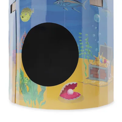 Cat tree with underwater design, includes treasure chest, fish and shell with pearl. Round opening visible.