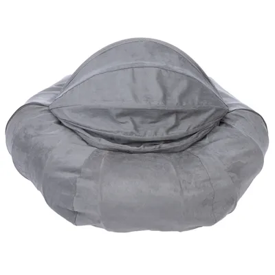Grey pet bed with removable roof, soft padding and round shape.