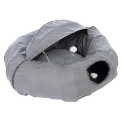 Grey, cave-shaped pet bed with removable roof and two white play balls on strings. Side entrance visible.