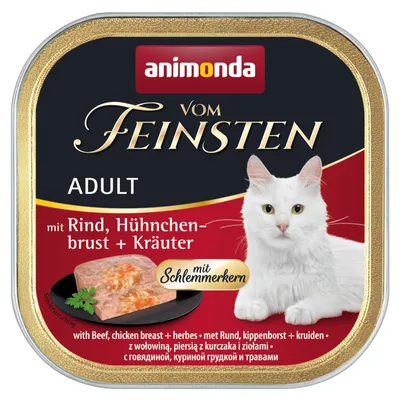 Animonda Vom Feinsten Adult, mit Rind, Hühnerbrust und Kräutern. Mit Schlemmerkern. Nassfutter für Katzen.