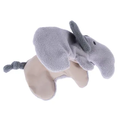 Grey elephant toy made of fabric with soft surface and beige underside, suitable for pets.