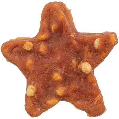 Stjärnformad hundsnacks med brun färg och synliga ljusa bitar.