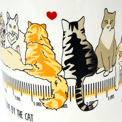 Illustration de chats assis avec une échelle graduée indiquant 1, 5 et 7 chats, texte en anglais partiellement visible : 'LOVE BY THE CAT', cœur rouge au-dessus des chats.