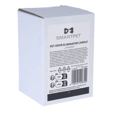 Smartpet Pet Odor Eliminator Candle 'Lavender'. Svíčka na odstranění zvířecích pachů. Balení s recyklačními symboly a čárovým kódem. Vyrobeno v Číně.