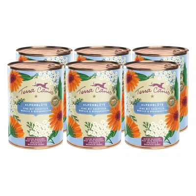 Lot de 6 boîtes Terra Canis Alpenblüte, texte visible : Rind mit Erdäpfeln, Marille & Bergkräutern, Alpine Blossoms Beef with Potatoes, Mountain Herbs.
