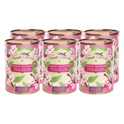 Terra Canis Cherry Blossom. Poulet avec riz, sésame et purée de cerise. Ingrédients 100 % naturels. Six boîtes au design floral.