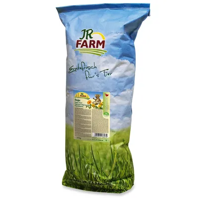 Sac de nourriture JR Farm, texte visible : 'Erntefrisch für's Tier', étiquette avec mention 'Degu', poids indiqué 10 kg. Marque et informations principales sur l'emballage visibles.