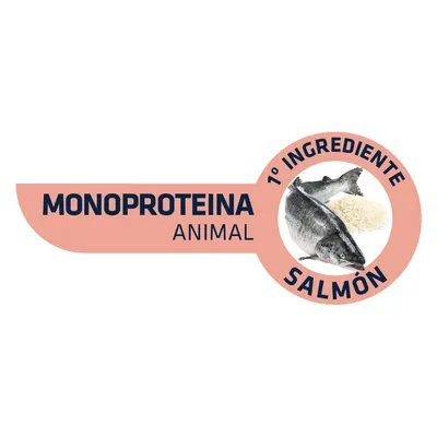 Text vizibil: MONOPROTEINA ANIMAL, 1º INGREDIENTE SALMÓN. Imagine cu un somon și o porție de hrană uscată. Textul este în spaniolă.