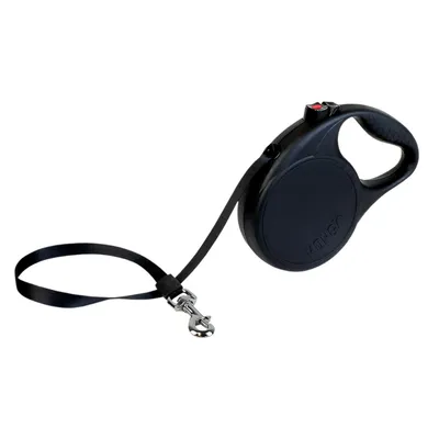 Schwarze Rollleine mit ergonomischem Griff, Metallkarabiner und KONG-Logo auf der Leinenhülle.
