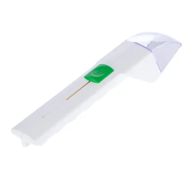 Fehér műanyag eszköz zöld csúszkával és átlátszó fedéllel, precíz alkalmazásokhoz alkalmas.