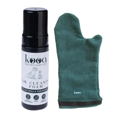kooa Paw Cleaning Foam mit Aloe Vera und Panthenol, ohne Tierversuche, vegan, natürliche Inhaltsstoffe. Enthält grünen Reinigungshandschuh.