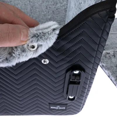 Detailaufnahme einer schwarzen Tasche mit Chevron-Muster, silbernem Druckknopf und grauem Kunstfell. Marke Nomad Tales sichtbar auf Etikett.