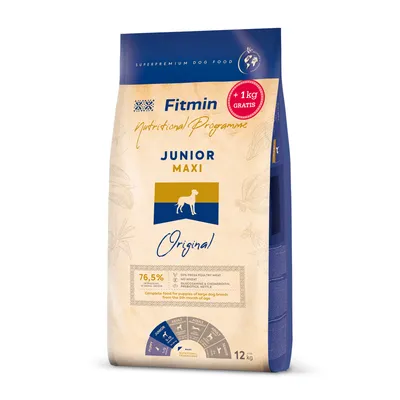 Fitmin Junior Maxi Original, super premium dog food, 12 kg plus 1 kg free. 76.5% fresh poultry meat, wheat-free, with glucosamine and chondroitin. Complete food for large breeds from 5 months.