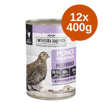 Wiejska Zagroda Mono Białkowa пъдпъдък, хипоалергенна храна за котки, 12x400g. 98,6% месо и бульон, 60% месо, 0% зърнени. Wiejska Zagroda Mono Białkowa пъдпъдък, хипоалергенна храна за котки, 12x400g. 98,6% месо и бульон, 60% месо, 0% зърнени.