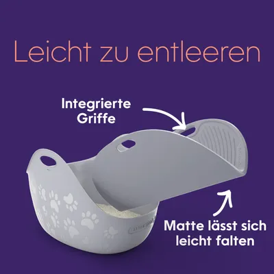 Katzentoilette mit integrierten Griffen und faltbarer Matte. Text: Leicht zu entleeren, integrierte Griffe, Matte lässt sich leicht falten.