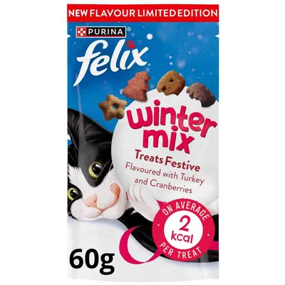 Winter mix festive treats, flavoured with turkey and cranberries, limited edition, on average 2 kilocalories per treat, 60g pack.