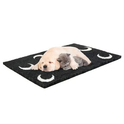 Schwarze Matte mit weissen Halbmondmustern, darauf ein schlafender Hund und eine Katze. Produkt zur Darstellung von Komfort für Haustiere.