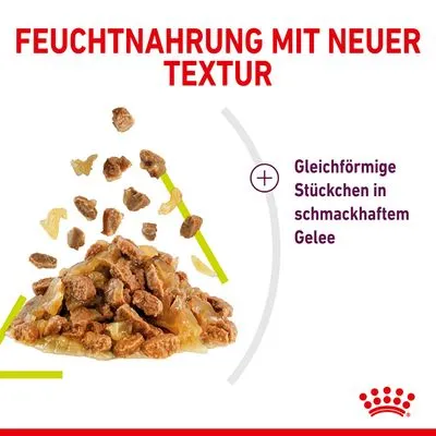 Feuchtnahrung mit neuer Textur. Gleichförmige Stückchen in schmackhaftem Gelee. Afbeelding van natvoer met stukjes in gelei. Tekst deels in het Duits.