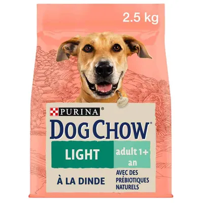 Purina Dog Chow Light, dorosłe psy 1+, z indykiem, z naturalnymi prebiotykami, opakowanie 2,5 kg.