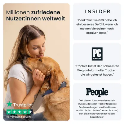 Millionen zufriedene Nutzer:innen weltweit. Trustpilot: Hervorragend bewertet mit 5 Sternen. Insider, PCMag und People loben Tractive GPS als besten Tracker mit Weglaufalarm.