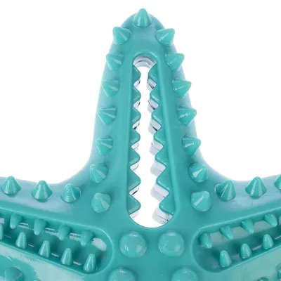 Tyrkysová hračka s výstupkami a zúbkovanými okrajmi, vhodná na žuvanie a starostlivosť o zuby.