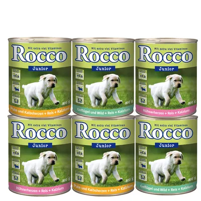 Seis latas de comida húmida para cães Rocco Junior, 800 g cada, com textos visíveis: Pute und Kalbherzen + Reis + Kalzium, Geflügel und Wild + Reis + Kalzium, Hühnerherzen + Reis + Kalzium.