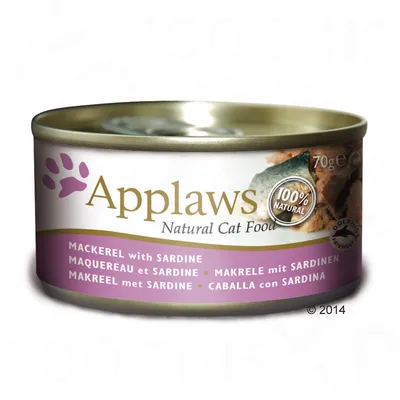 Applaws Natural Cat Food dåse 70 g, 100% natural, Mackerel with Sardine, tekst på flere sprog, billede af fiskestykker synligt på etiketten.
