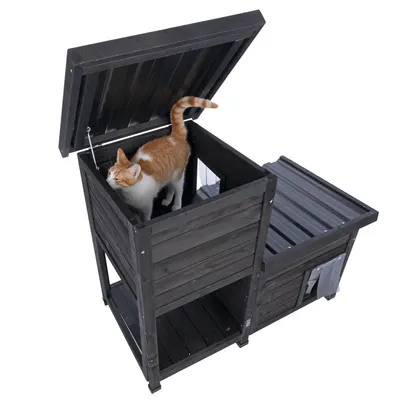 Schwarzes Holzhaus mit zwei Ebenen und aufklappbarem Dach, Katze steht im oberen Bereich. Sichtbar: Plexiglas-Tür und Metallbeschläge.