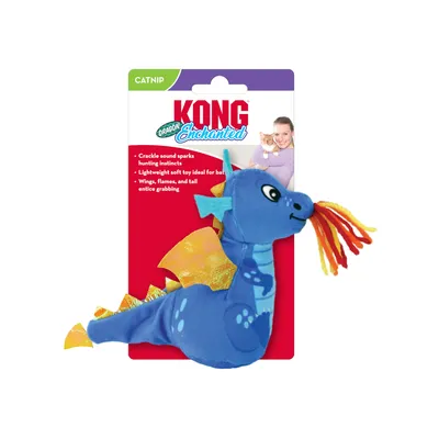 KONG Enchanted Dragon zabawka z kocimiętką. Wydaje szeleszczące dźwięki, lekkie i miękkie, idealne dla kotów, skrzydła i ogon zachęcają do chwytania.