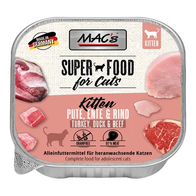 MAC's Super Food for Cats Kitten, turkey, duck & beef. Grain-free, 97% meat. Complete food for growing cats. Made in Germany.