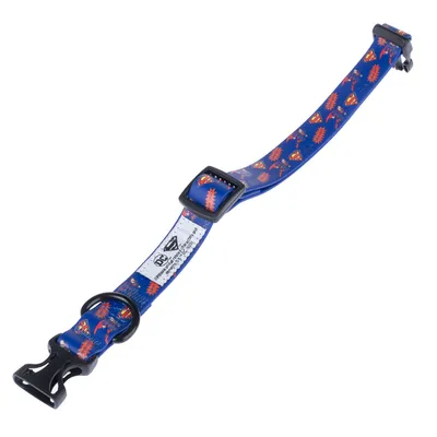 Collier bleu pour animal avec motifs Superman, boucle en plastique noir, anneau métallique et étiquette visible DC Comics. Ajustable, matière synthétique.