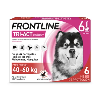 Frontline Tri-Act solución para perros 40-60 kg. Protección contra pulgas, garrapatas, mosquitos y flebótomos. No apto para gatos. 6 meses de protección, 6 pipetas de 6 ml.