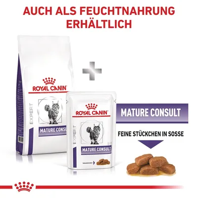 Royal Canin Mature Consult Expert, disponibile anche come alimento umido. Pezzetti in salsa, immagine di alimento secco e umido per gatti.