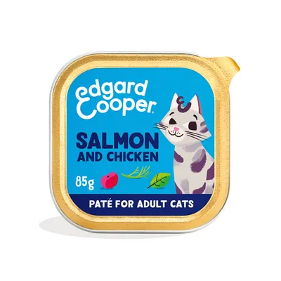 Edgard Cooper Salmon and Chicken, 85g, paté voor volwassen katten. Tekst op verpakking in het Engels zichtbaar.