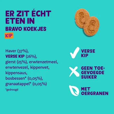 Bravo Koekjes Kip. Haver 37%, verse kip 26%, gierst 25%, erwtenzetmeel, erwtenvezel, kippenvet, kippensaus, bosbessen* 0,05%, granaatappel* 0,05%. Verse kip, geen toegevoegde suiker, met oergranen.