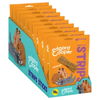 Edgard Cooper STRIPS SNUGGLE UP CHICKEN, 10 zakjes in displayverpakking. Op de verpakking staan hondenillustraties en strips afgebeeld.