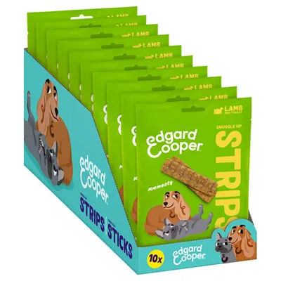 Edgard Cooper STRIPS Snuggle Up, lam en kalkoen, 10 zakjes in displayverpakking. Op de verpakking staan een hond en kat getekend en twee strips afgebeeld.